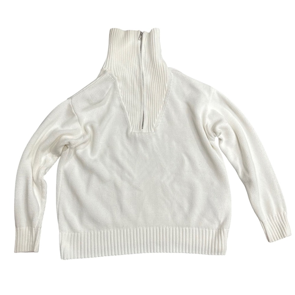 Zara Womens Off White 100% Cotton Quarter Zip Ribbed Knit Sweater Small